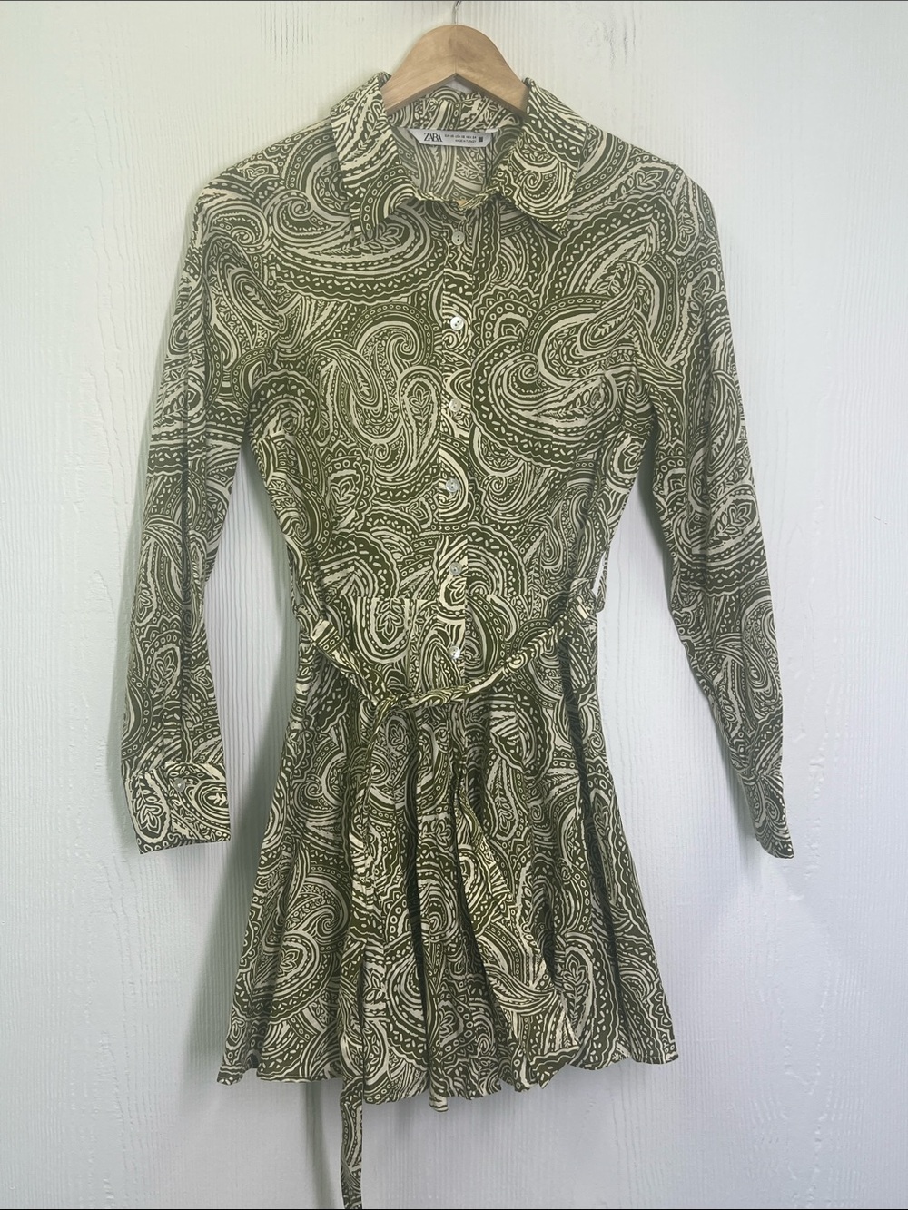 Zara - NWT Green And White Paisley Print Button Front Long Sleeve Mini Dress XS - Picture 7 of 11